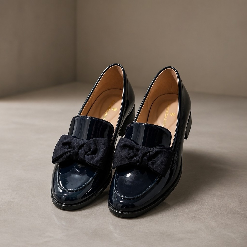 Bandolino Womens Navy Blue Patent Leather Bow Loafers Low Block Heel Shoes 9M